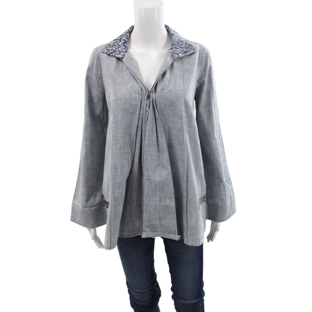 Balenciaga Paris Womens Tunic Blouse Blue Geometric Collared 3/4 Sleeve Size 40
